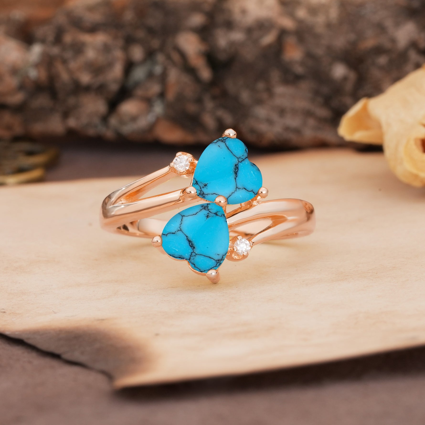 Classic Twisted 3-Prong Double Heart Cut Turquoise Engagement Ring - Additional view