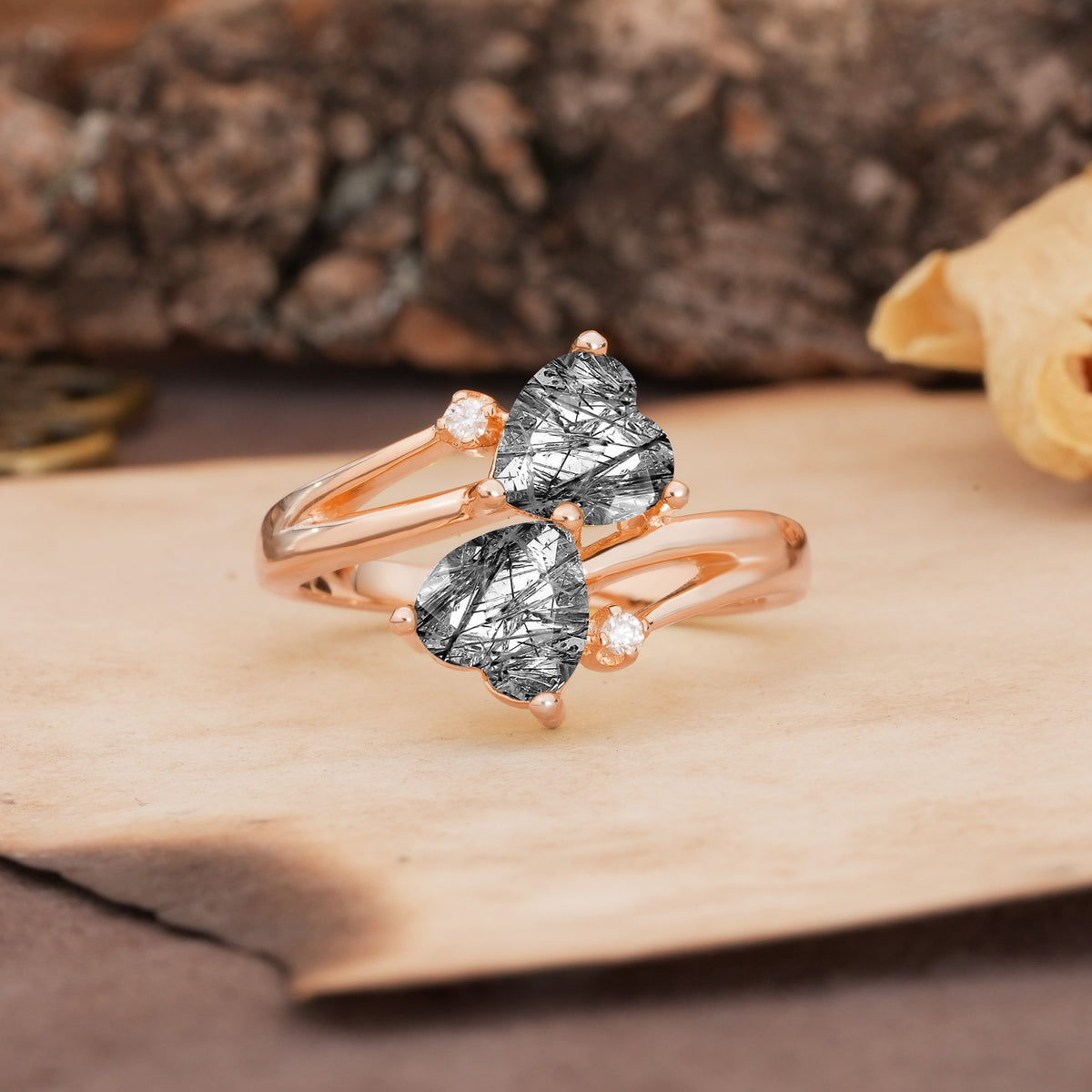 Classic Twisted 3-Prong Double Heart Cut Black Rutilated Quartz Engagement Ring - Additional view