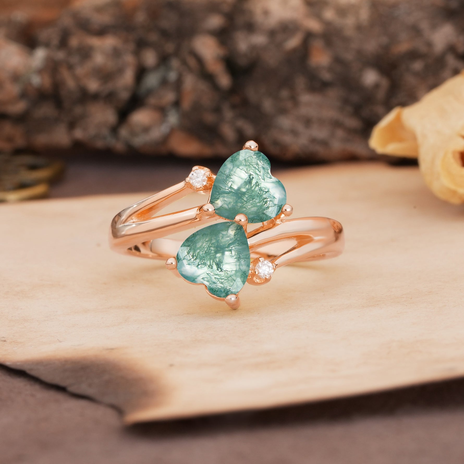 Classic Twisted 3-Prong Double Heart Cut Moss Agate Engagement Ring - Additional view