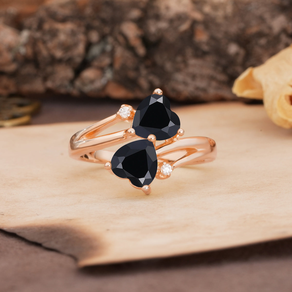 Classic Twisted 3-Prong Double Heart Cut Black Onyx Engagement Ring - Additional view