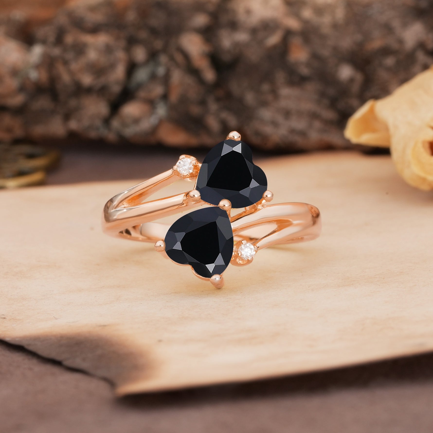 Classic Twisted 3-Prong Double Heart Cut Black Onyx Engagement Ring - Additional view