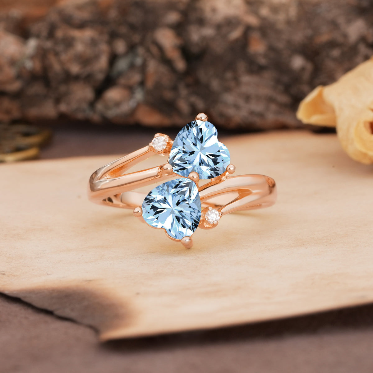 Classic Twisted 3-Prong Double Heart Cut Aquamarine Engagement Ring - Additional view