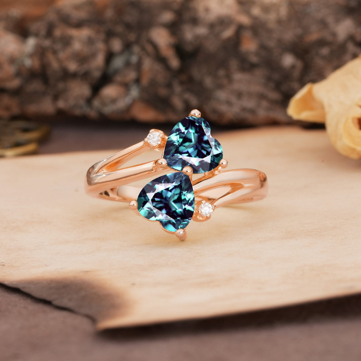 Classic Twisted 3-Prong Double Heart Cut Alexandrite Engagement Ring - Additional view