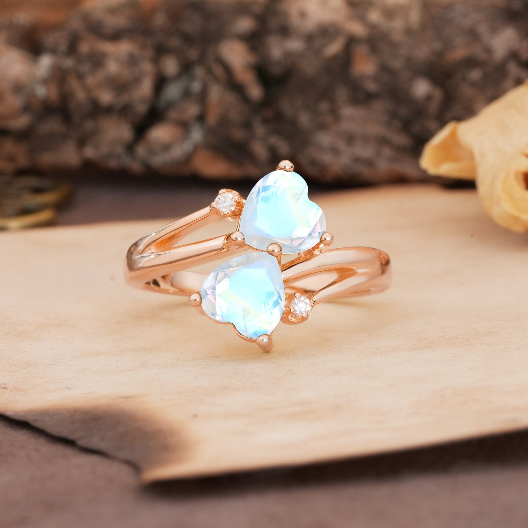 Classic Twisted 3-Prong Double Heart Cut Moonstone Engagement Ring - Additional view