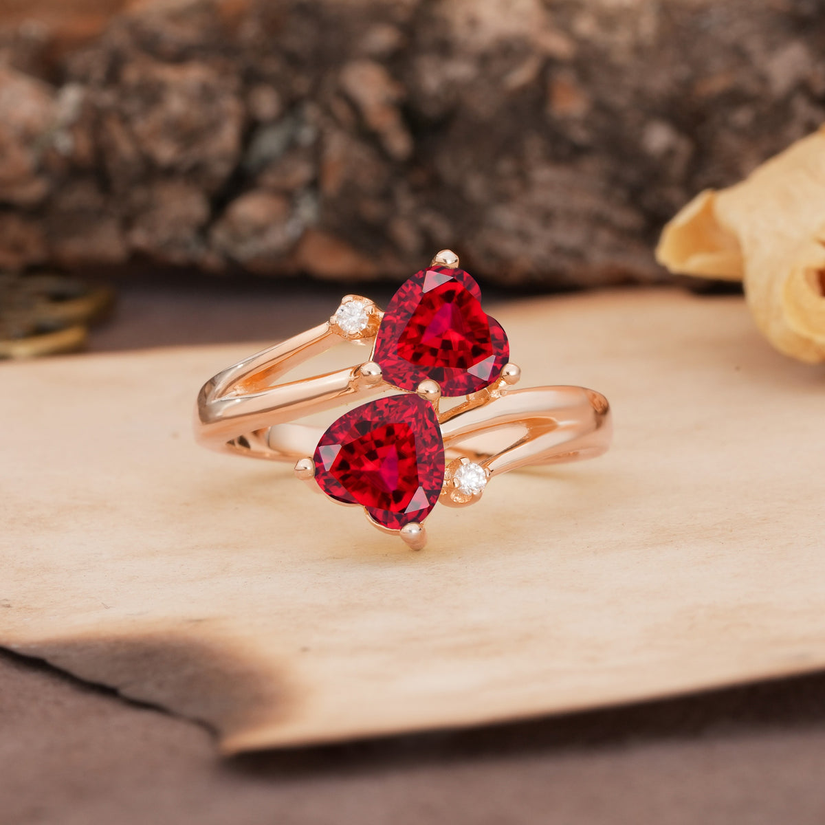 Classic Twisted 3-Prong Double Heart Cut Ruby Engagement Ring - Additional view