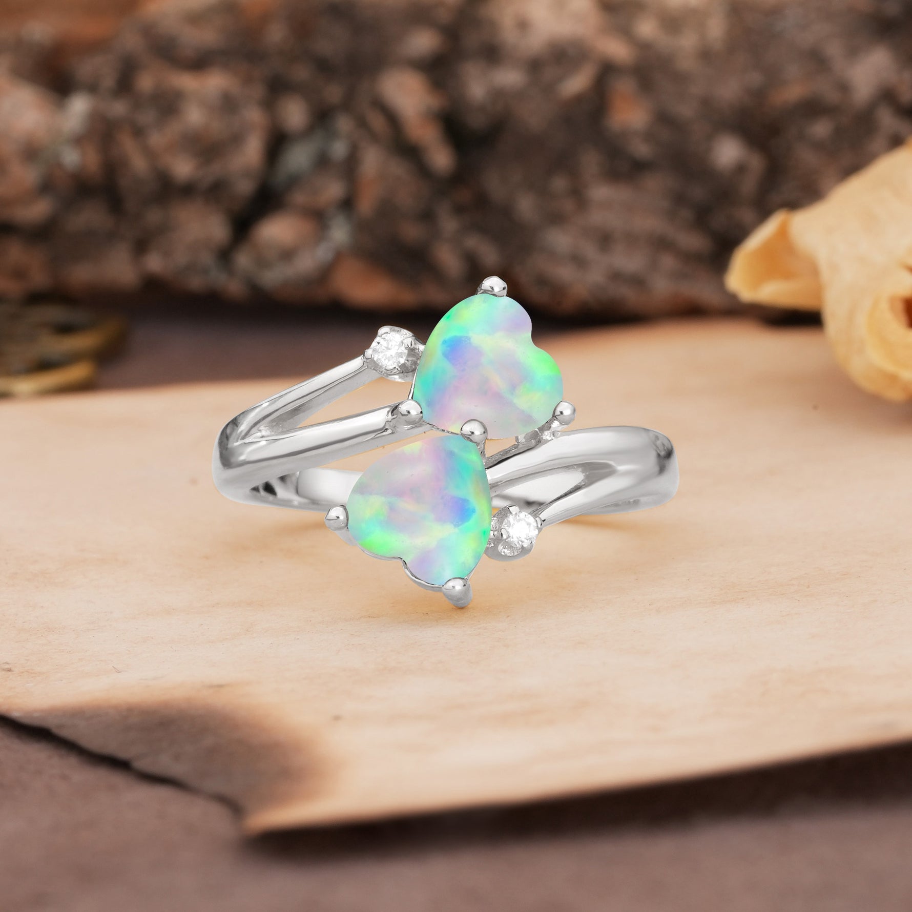 Classic Twisted 3-Prong Double Heart Cut Fire Opal Engagement Ring - Additional view