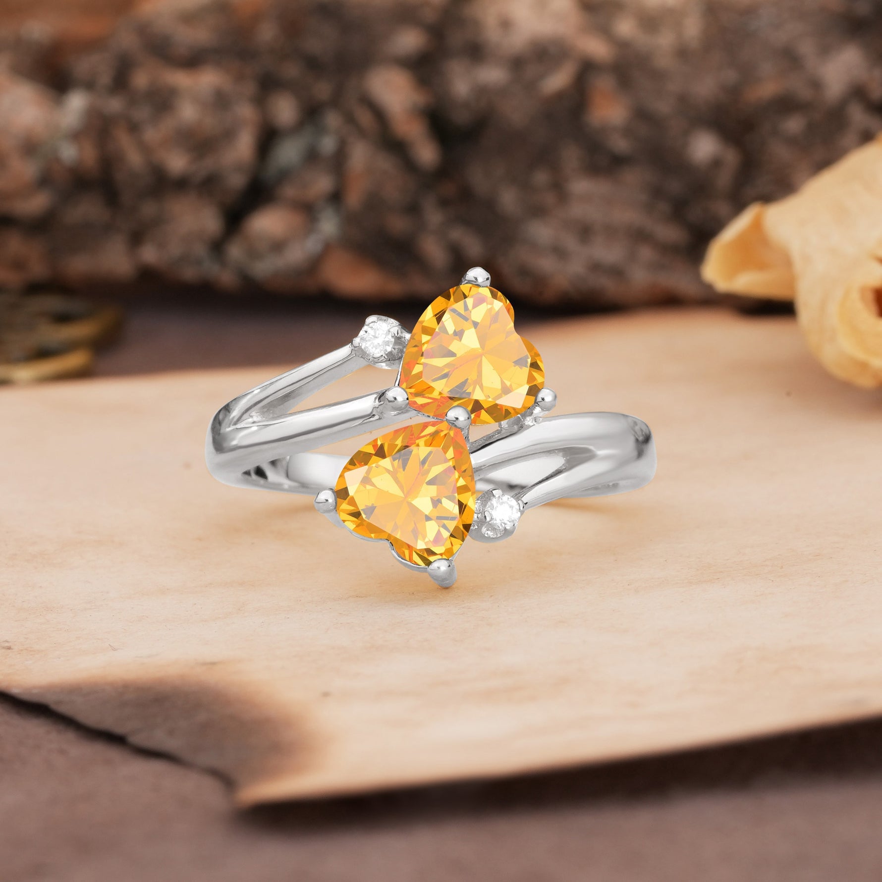 Classic Twisted 3-Prong Double Heart Cut Citrine Engagement Ring - Additional view