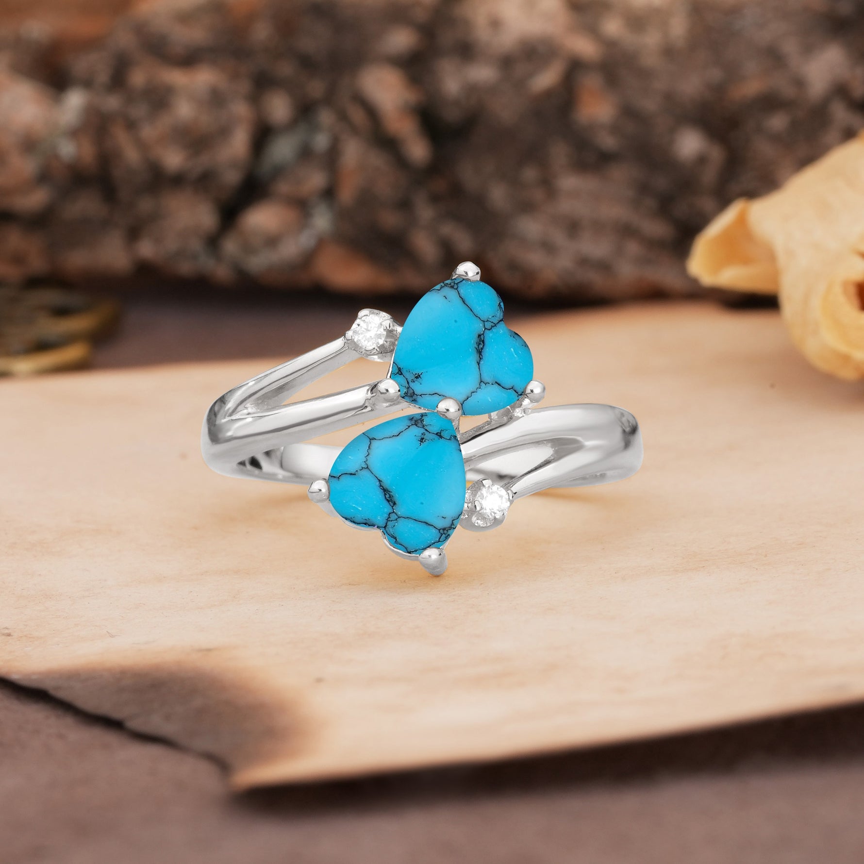 Classic Twisted 3-Prong Double Heart Cut Turquoise Engagement Ring - Additional view