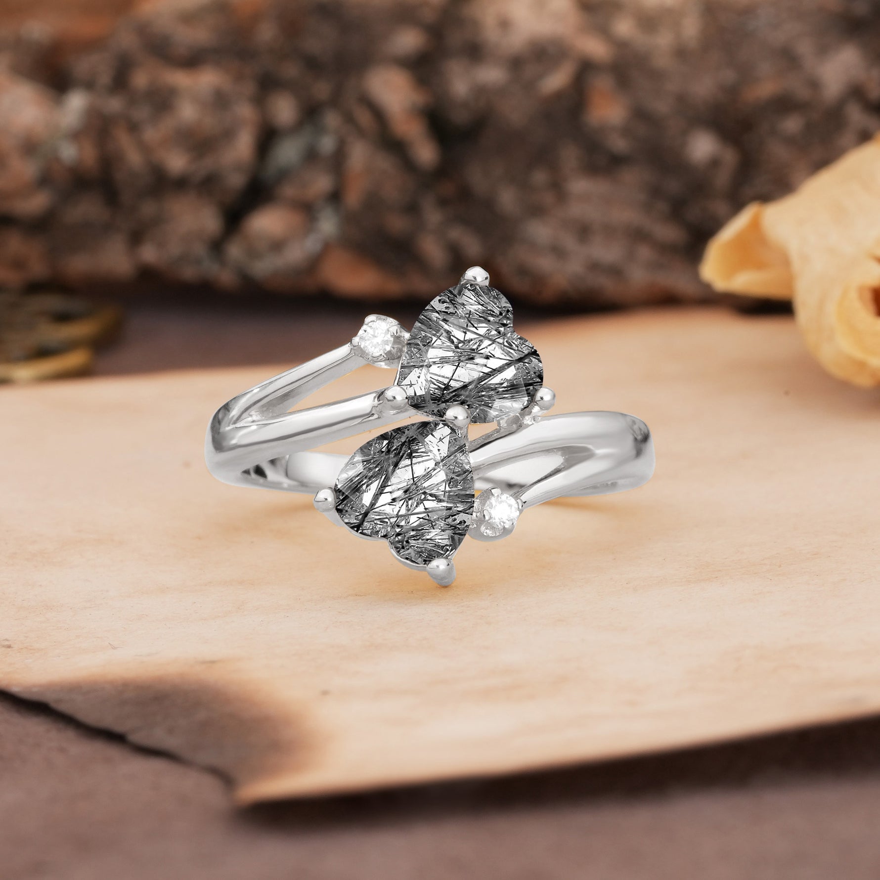 Classic Twisted 3-Prong Double Heart Cut Black Rutilated Quartz Engagement Ring - Additional view