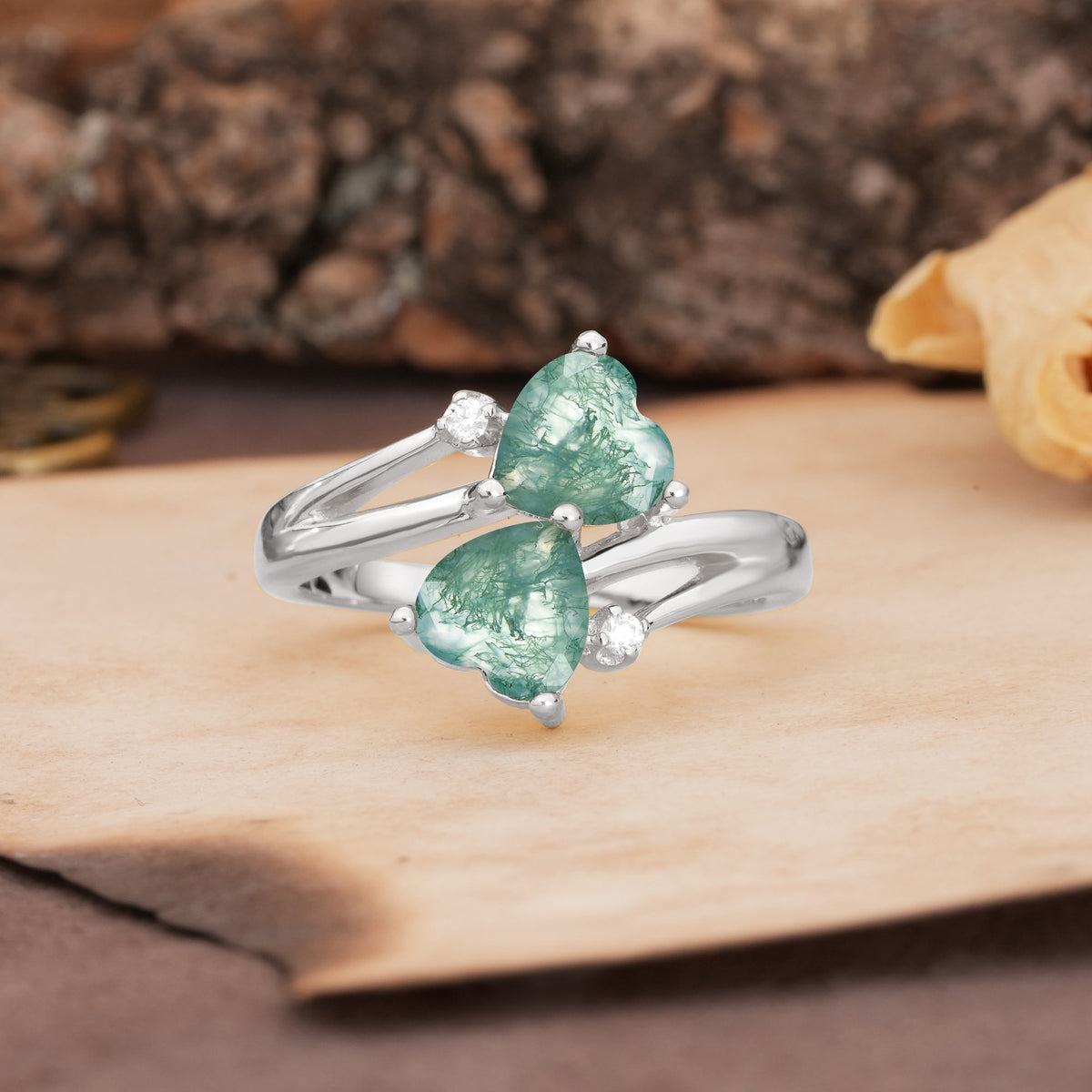 Classic Twisted 3-Prong Double Heart Cut Moss Agate Engagement Ring - Additional view