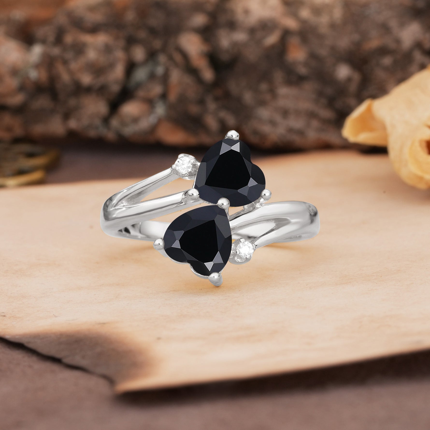 Classic Twisted 3-Prong Double Heart Cut Black Onyx Engagement Ring - Additional view