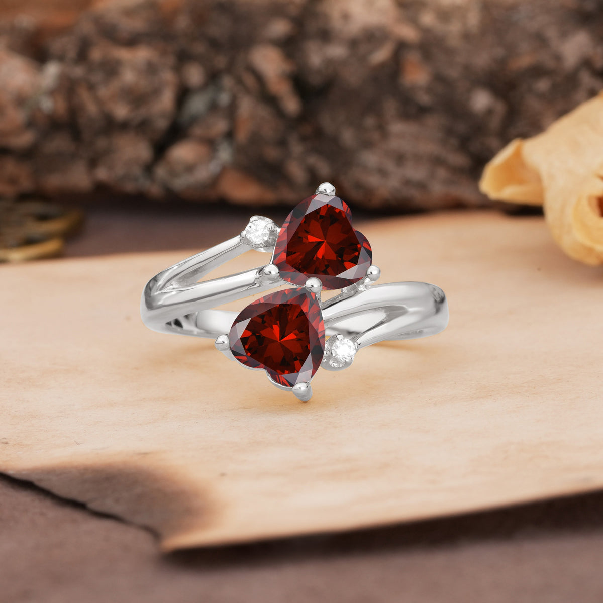 Classic Twisted 3-Prong Double Heart Cut Garnet Engagement Ring - Additional view