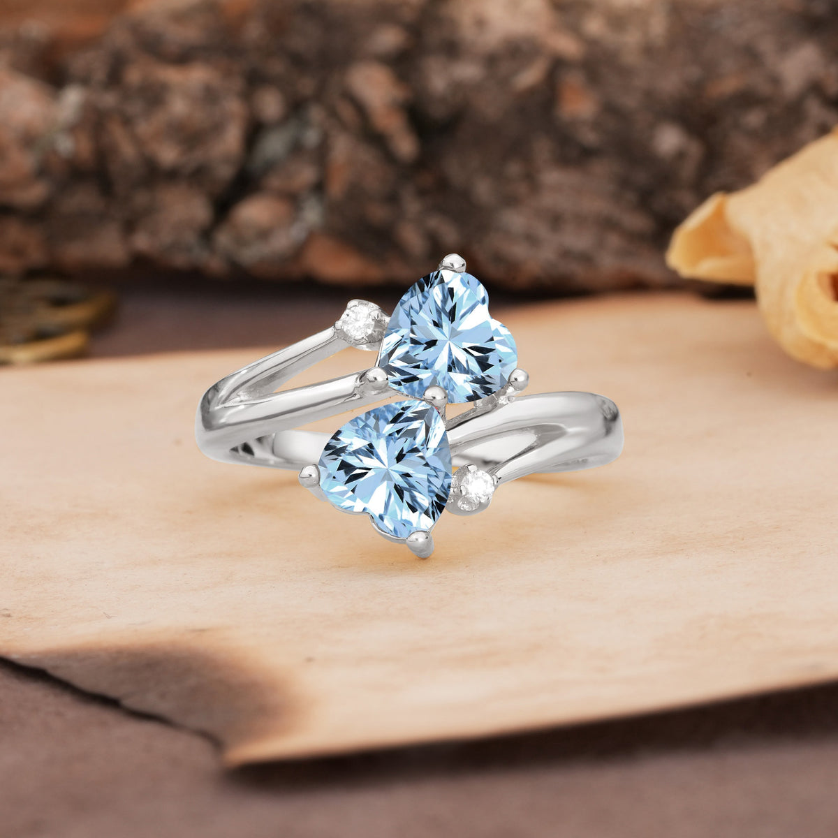 Classic Twisted 3-Prong Double Heart Cut Aquamarine Engagement Ring - Additional view