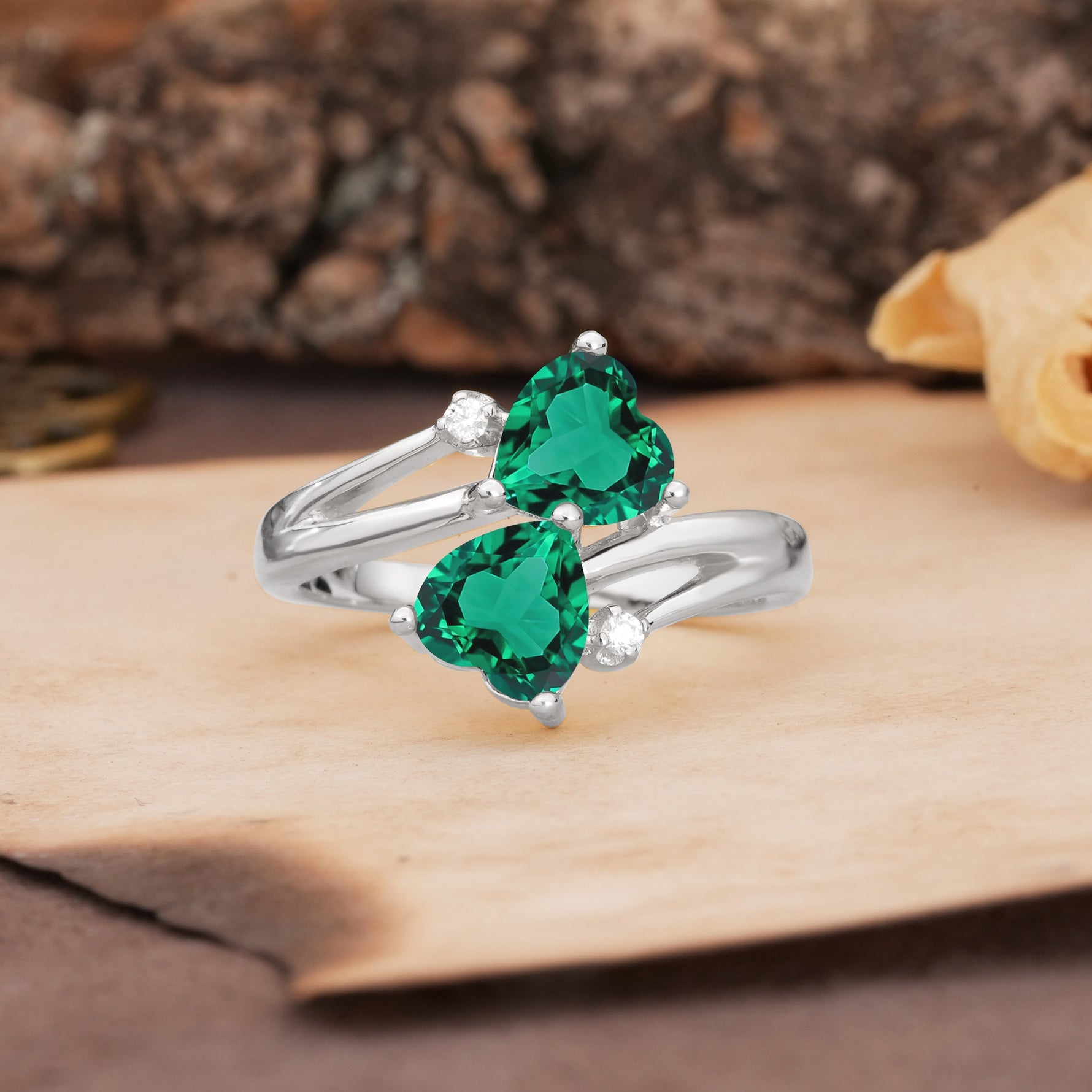 Classic Twisted 3-Prong Double Heart Cut Emerald Engagement Ring - Additional view