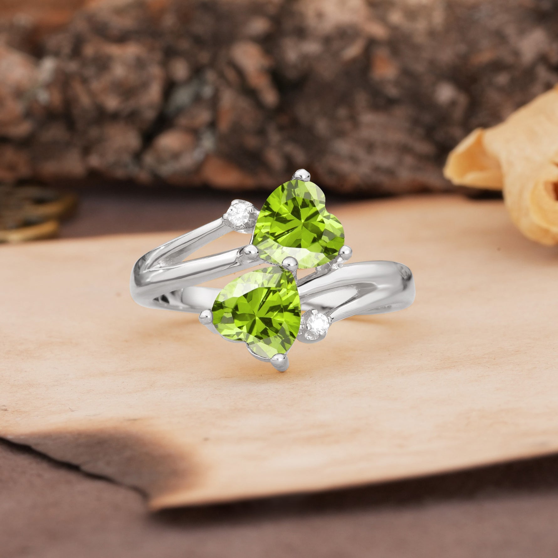 Classic Twisted 3-Prong Double Heart Cut Peridot Engagement Ring - Additional view