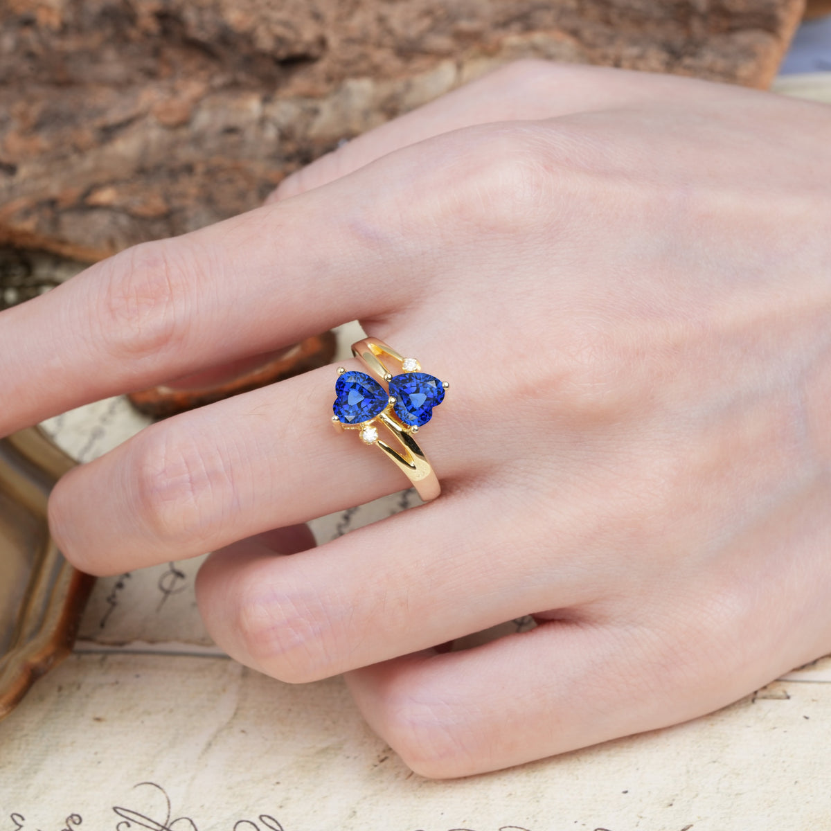 Classic Twisted 3-Prong Double Heart Cut Sapphire Engagement Ring - Additional view