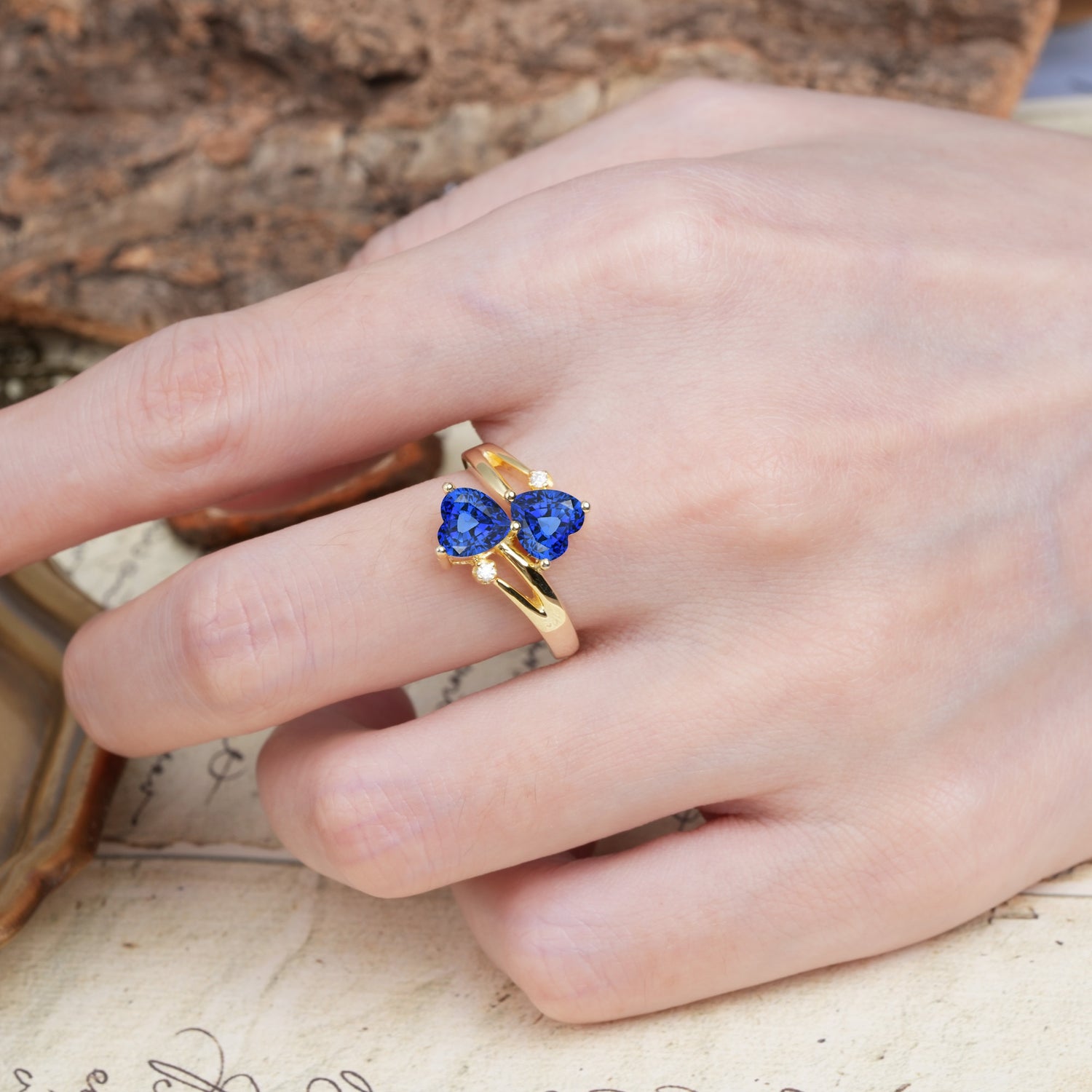 Classic Twisted 3-Prong Double Heart Cut Sapphire Engagement Ring - Additional view