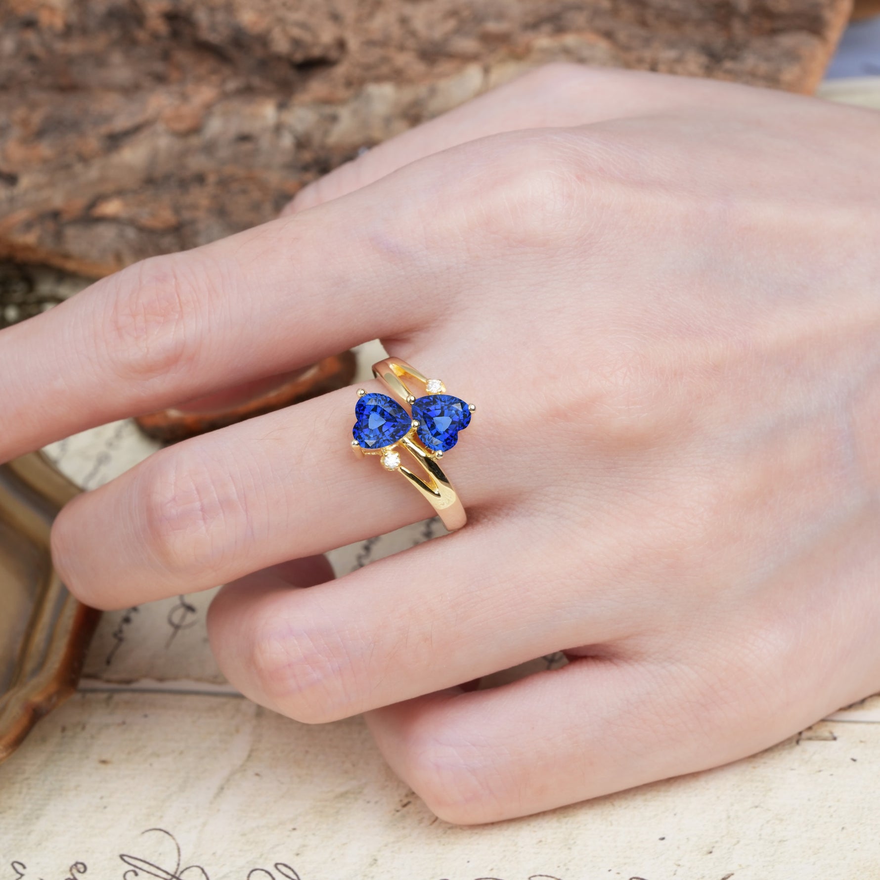 Classic Twisted 3-Prong Double Heart Cut Sapphire Engagement Ring - Additional view