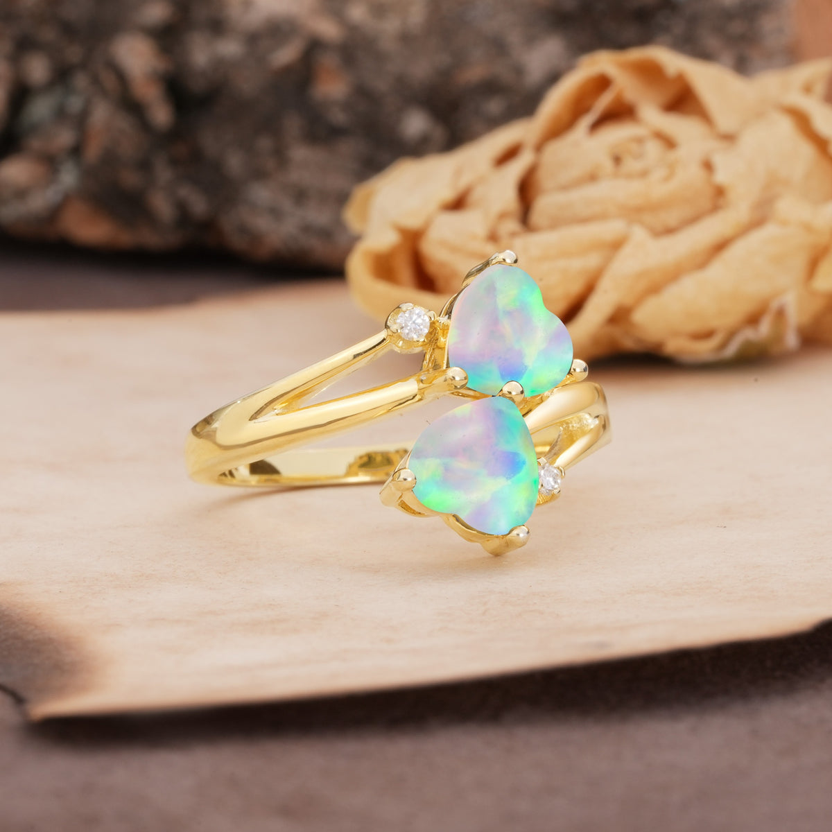 Classic Twisted 3-Prong Double Heart Cut Fire Opal Engagement Ring - Additional view