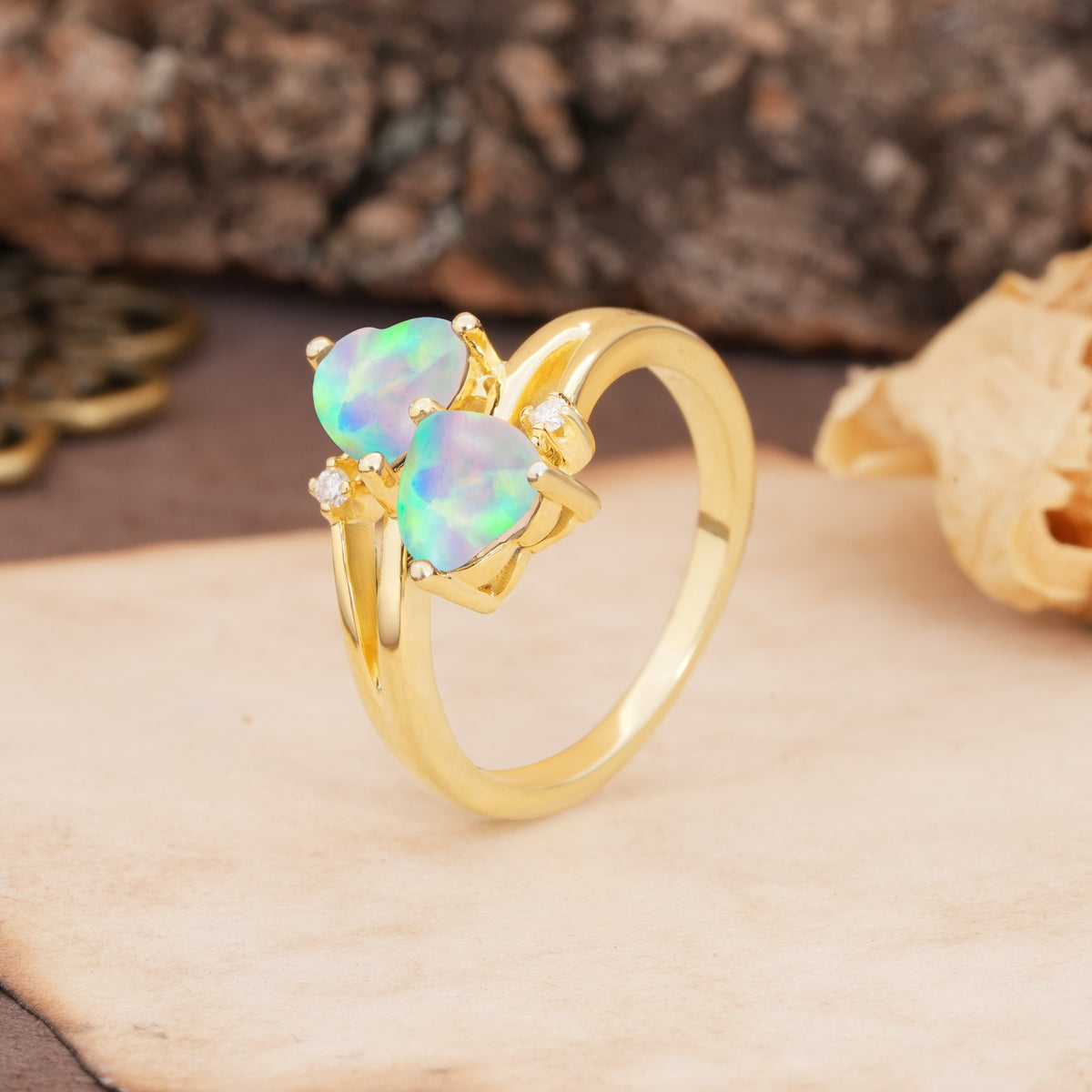 Classic Twisted 3-Prong Double Heart Cut Fire Opal Engagement Ring - Additional view
