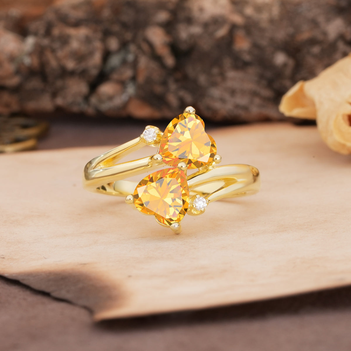 Classic Twisted 3-Prong Double Heart Cut Citrine Engagement Ring - Additional view
