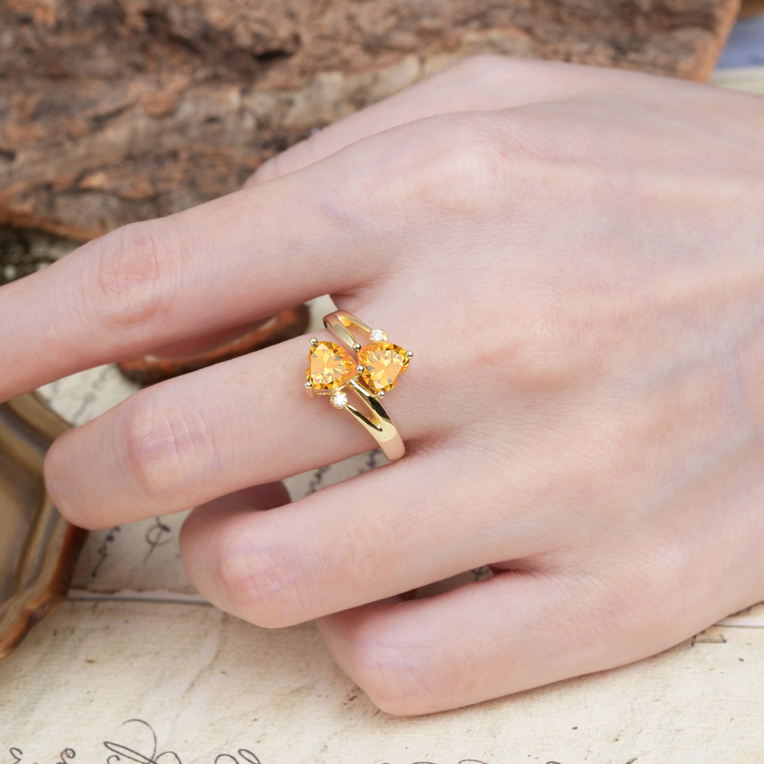 Classic Twisted 3-Prong Double Heart Cut Citrine Engagement Ring - Additional view