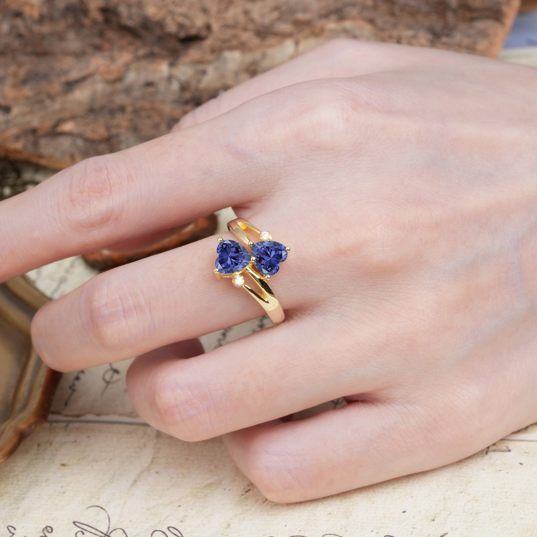 Classic Twisted 3-Prong Double Heart Cut Tanzanite Engagement Ring - Additional view