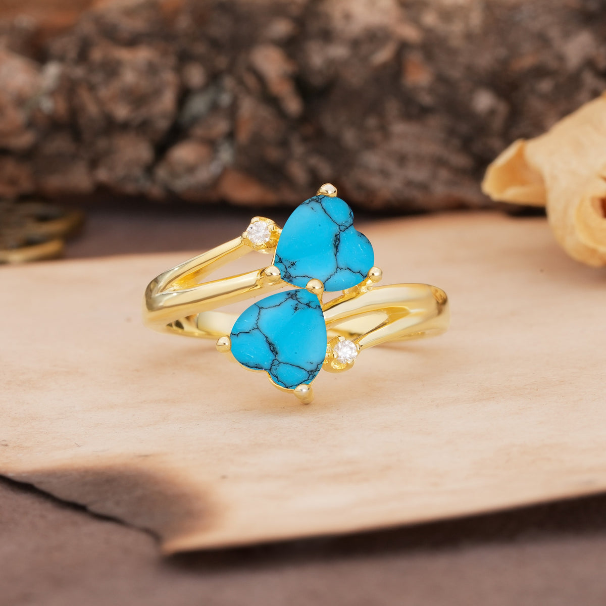 Classic Twisted 3-Prong Double Heart Cut Turquoise Engagement Ring - Additional view