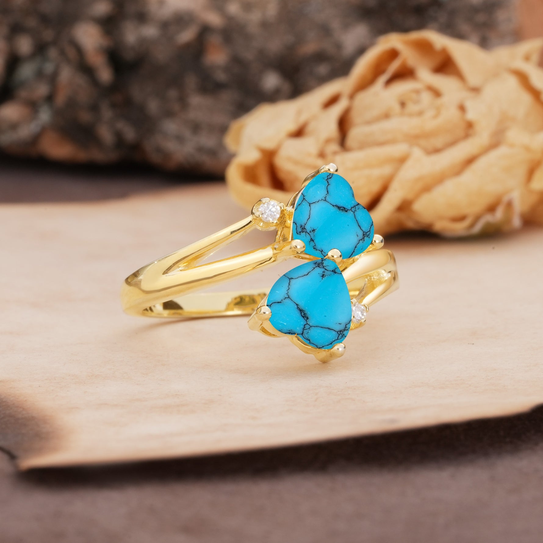 Classic Twisted 3-Prong Double Heart Cut Turquoise Engagement Ring - Additional view