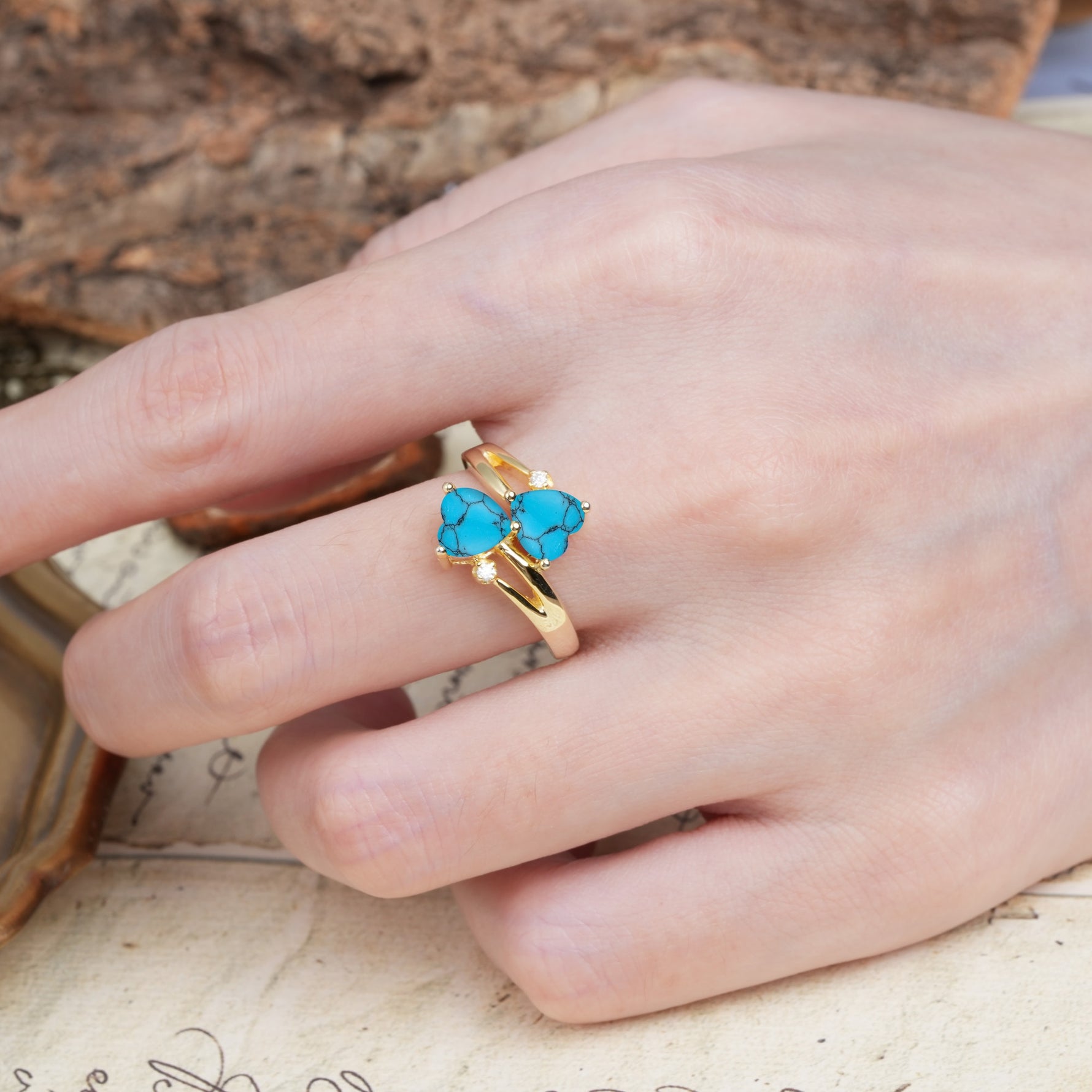 Classic Twisted 3-Prong Double Heart Cut Turquoise Engagement Ring - Additional view