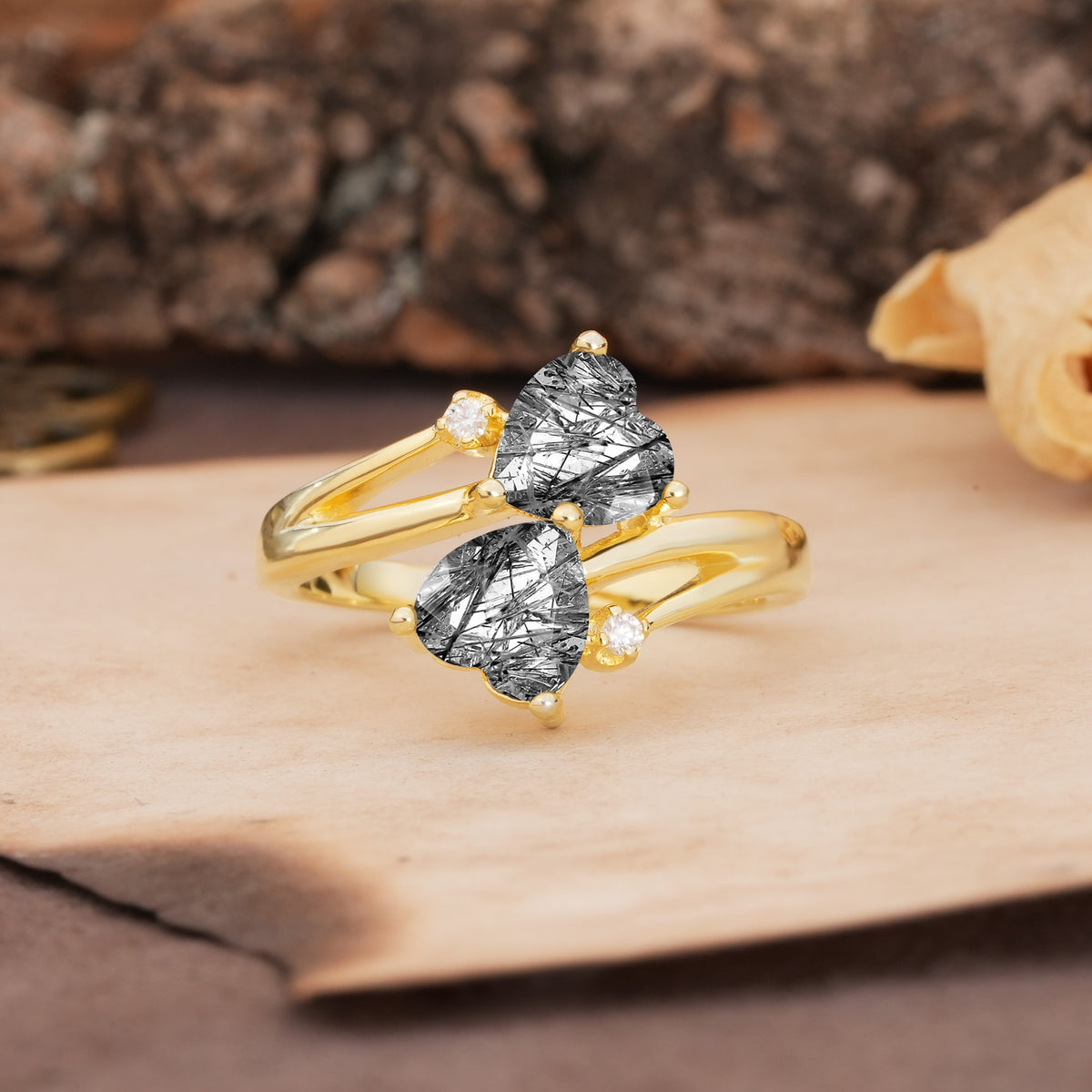 Classic Twisted 3-Prong Double Heart Cut Black Rutilated Quartz Engagement Ring - Additional view