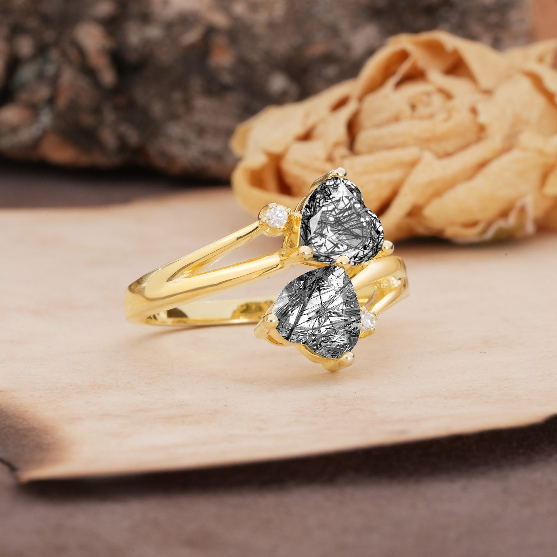 Classic Twisted 3-Prong Double Heart Cut Black Rutilated Quartz Engagement Ring - Additional view
