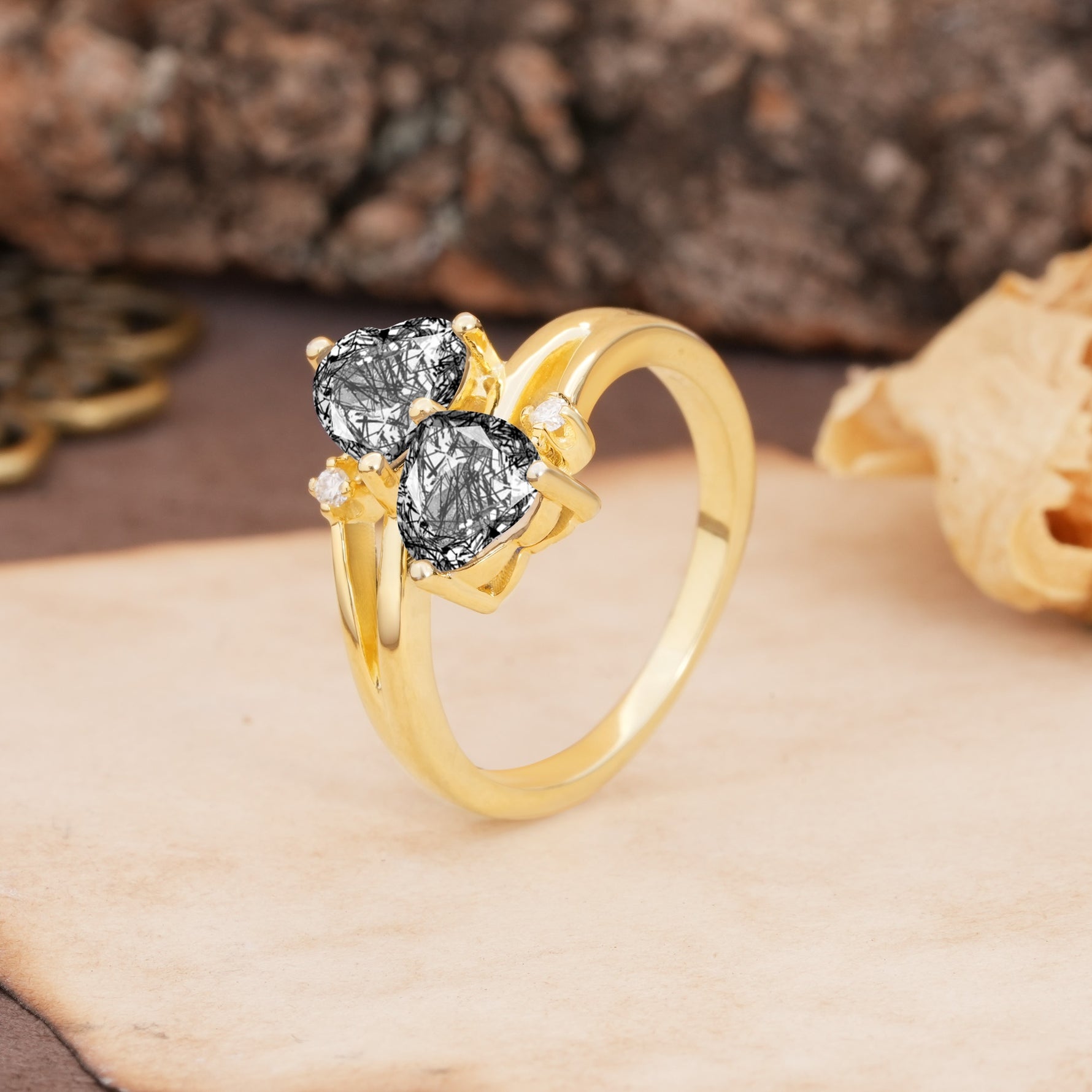 Classic Twisted 3-Prong Double Heart Cut Black Rutilated Quartz Engagement Ring - Additional view
