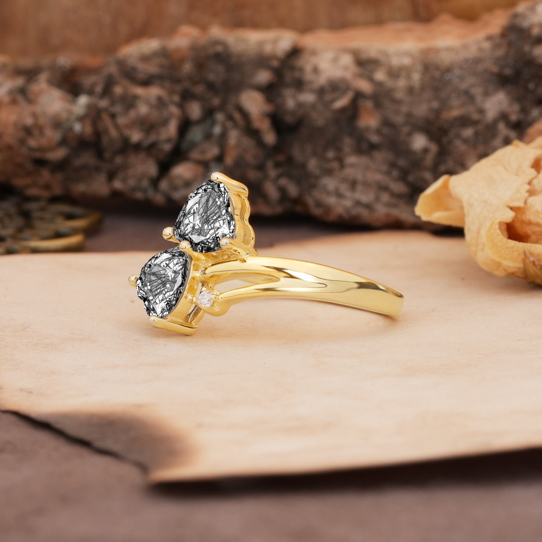 Classic Twisted 3-Prong Double Heart Cut Black Rutilated Quartz Engagement Ring - Additional view