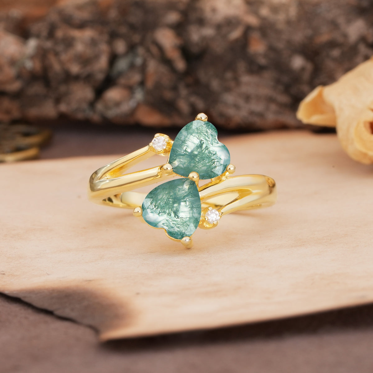 Classic Twisted 3-Prong Double Heart Cut Moss Agate Engagement Ring - Additional view