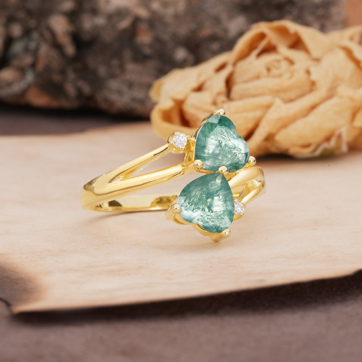 Classic Twisted 3-Prong Double Heart Cut Moss Agate Engagement Ring - Additional view
