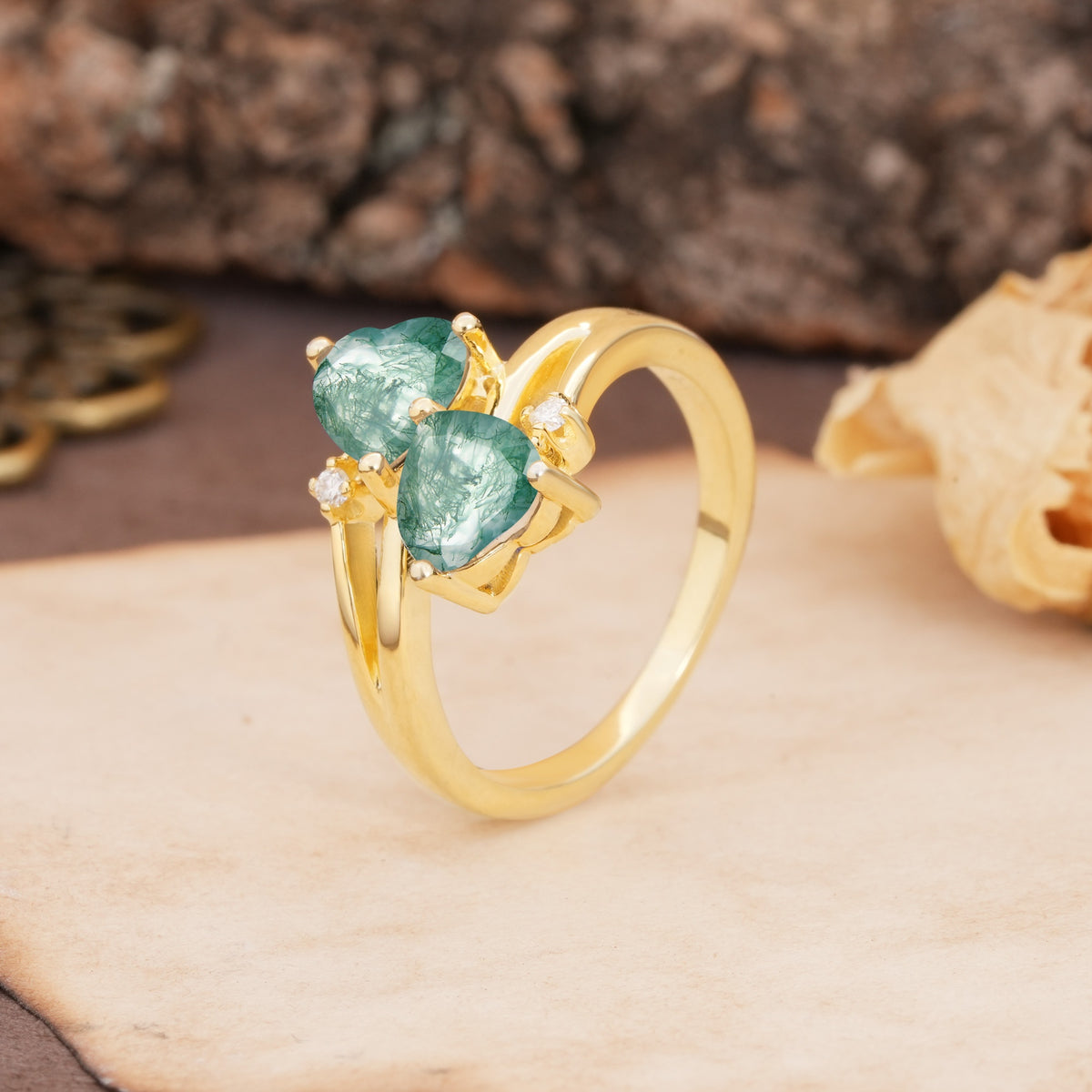 Classic Twisted 3-Prong Double Heart Cut Moss Agate Engagement Ring - Additional view