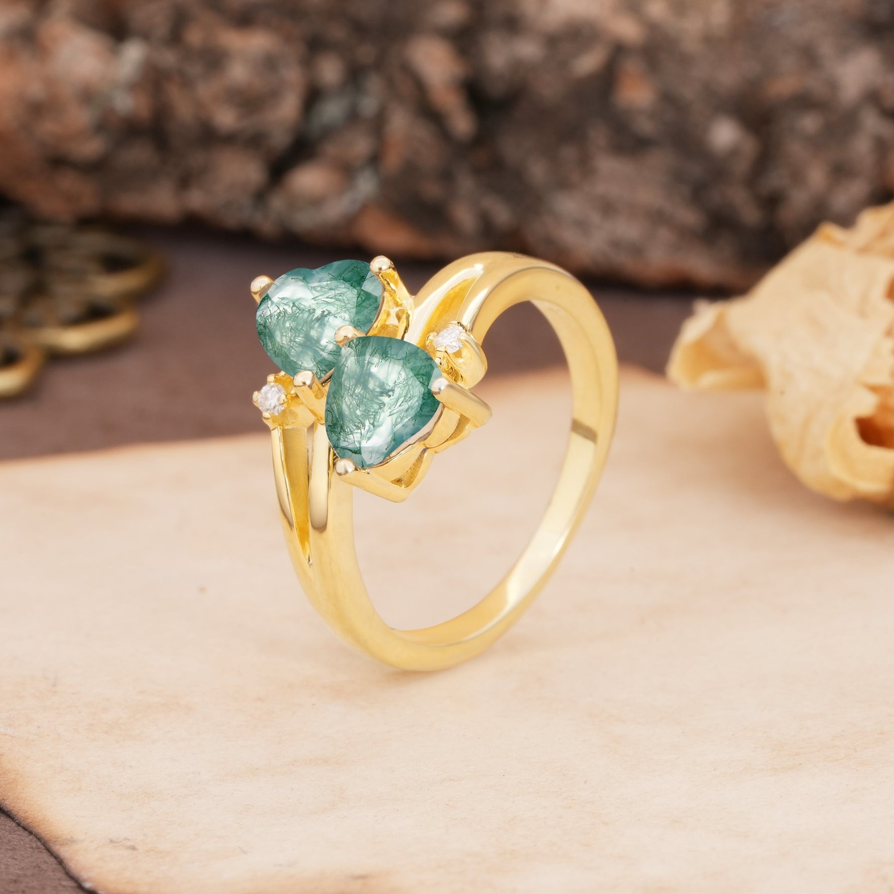 Classic Twisted 3-Prong Double Heart Cut Moss Agate Engagement Ring - Additional view