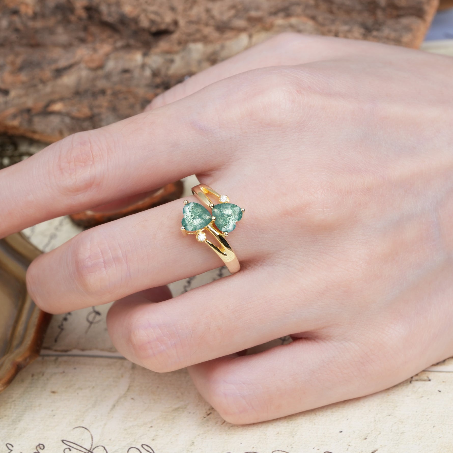 Classic Twisted 3-Prong Double Heart Cut Moss Agate Engagement Ring - Additional view