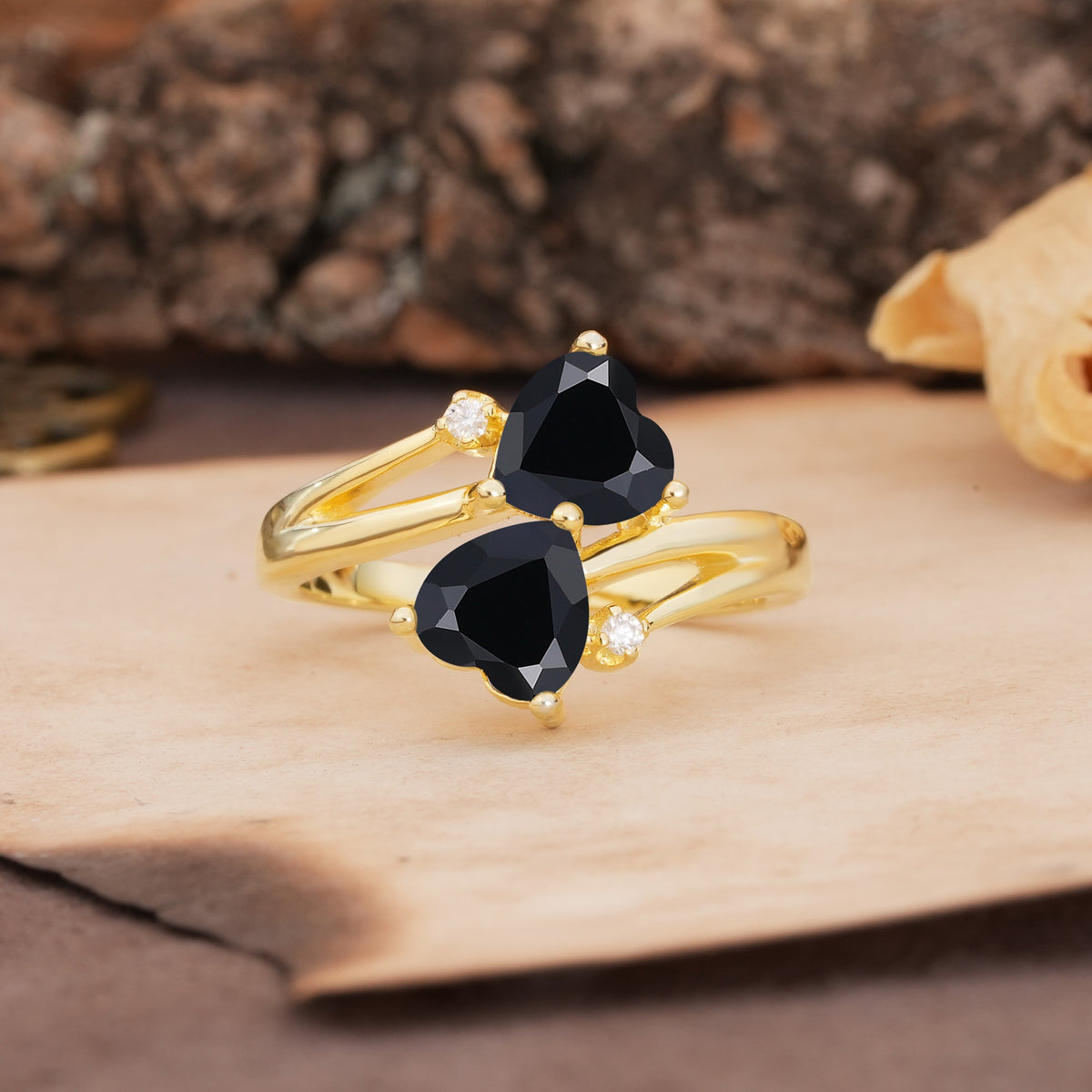 Classic Twisted 3-Prong Double Heart Cut Black Onyx Engagement Ring - Additional view