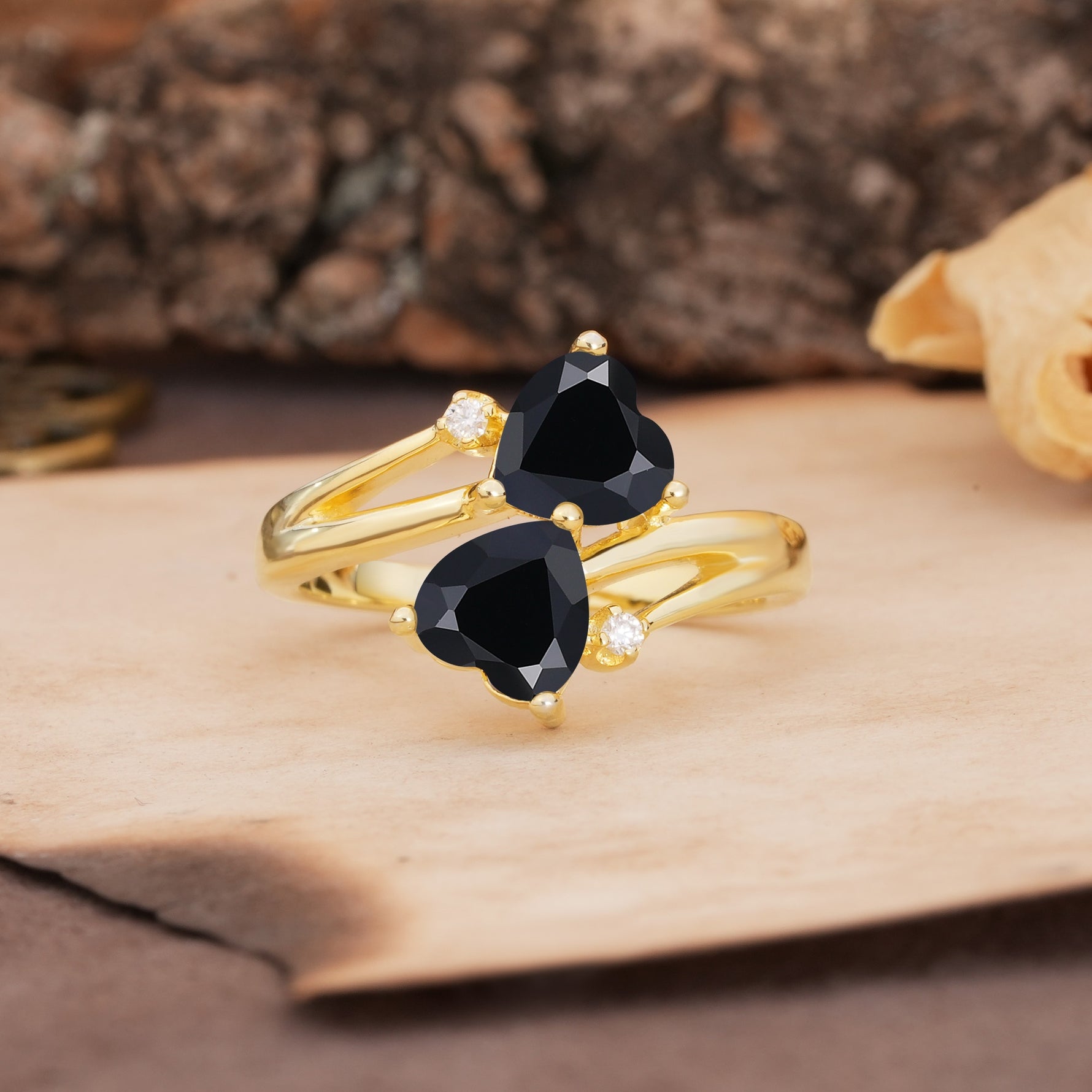 Classic Twisted 3-Prong Double Heart Cut Black Onyx Engagement Ring - Additional view