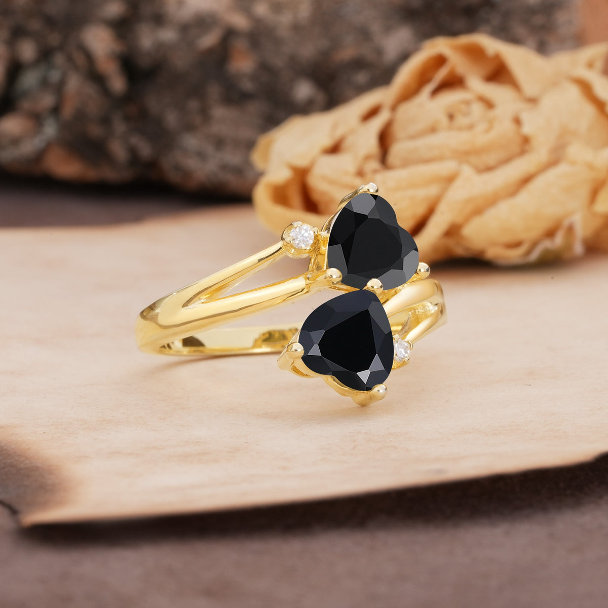 Classic Twisted 3-Prong Double Heart Cut Black Onyx Engagement Ring - Additional view