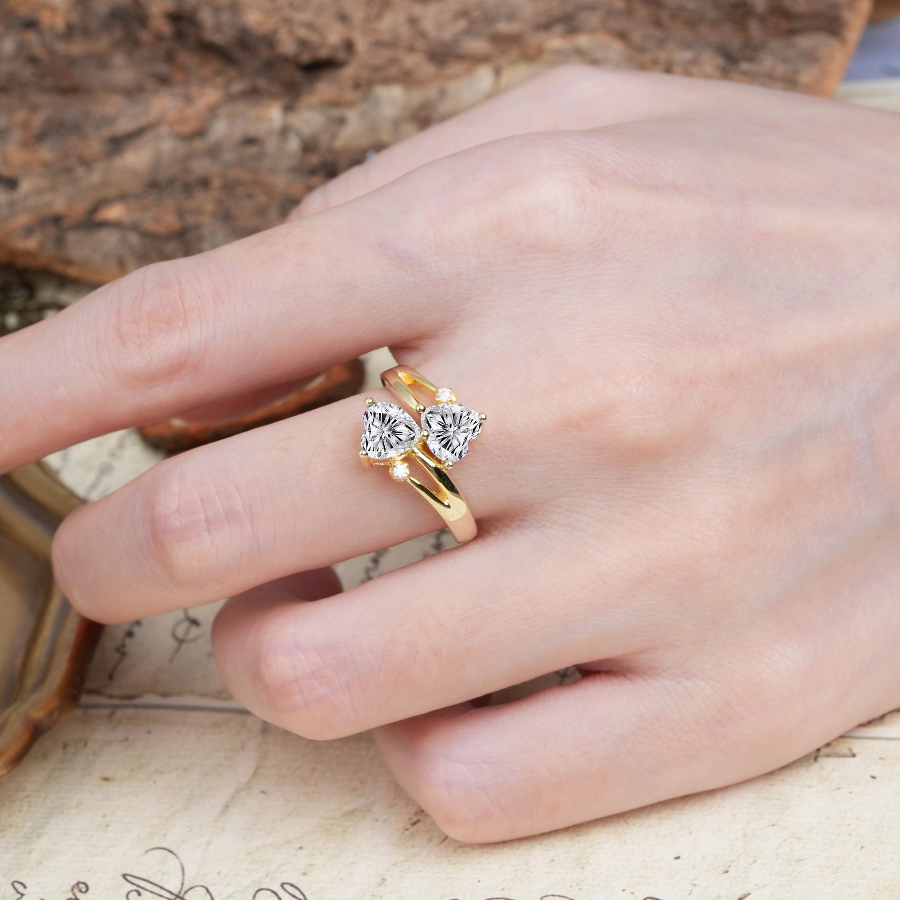 Classic Twisted 3-Prong Double Heart Cut Lab Diamond Engagement Ring - Additional view