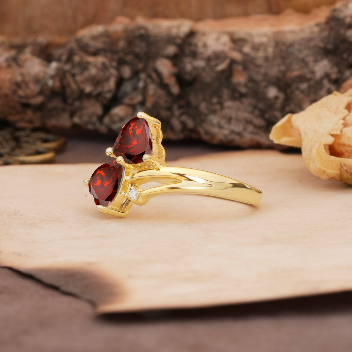 Classic Twisted 3-Prong Double Heart Cut Garnet Engagement Ring - Additional view