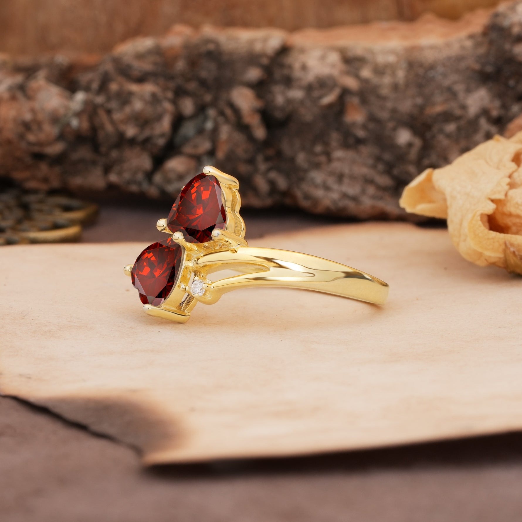 Classic Twisted 3-Prong Double Heart Cut Garnet Engagement Ring - Additional view