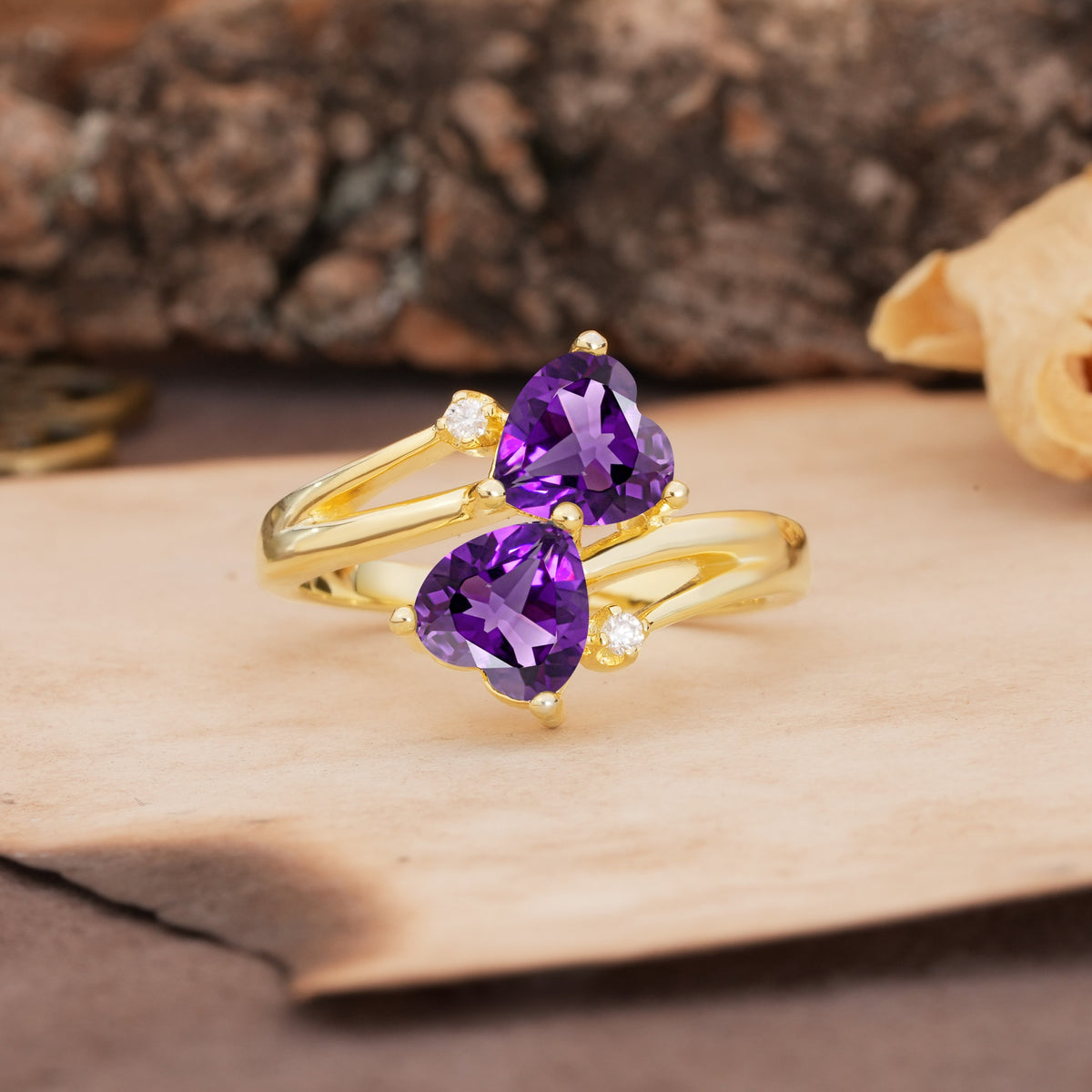 Classic Twisted 3-Prong Double Heart Cut Amethyst Engagement Ring - Additional view
