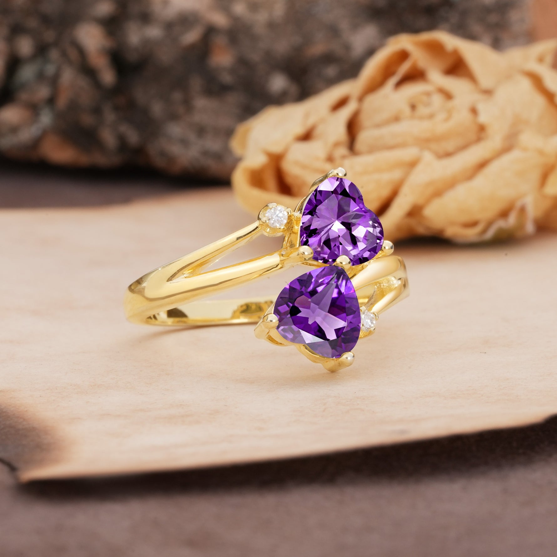 Classic Twisted 3-Prong Double Heart Cut Amethyst Engagement Ring - Additional view