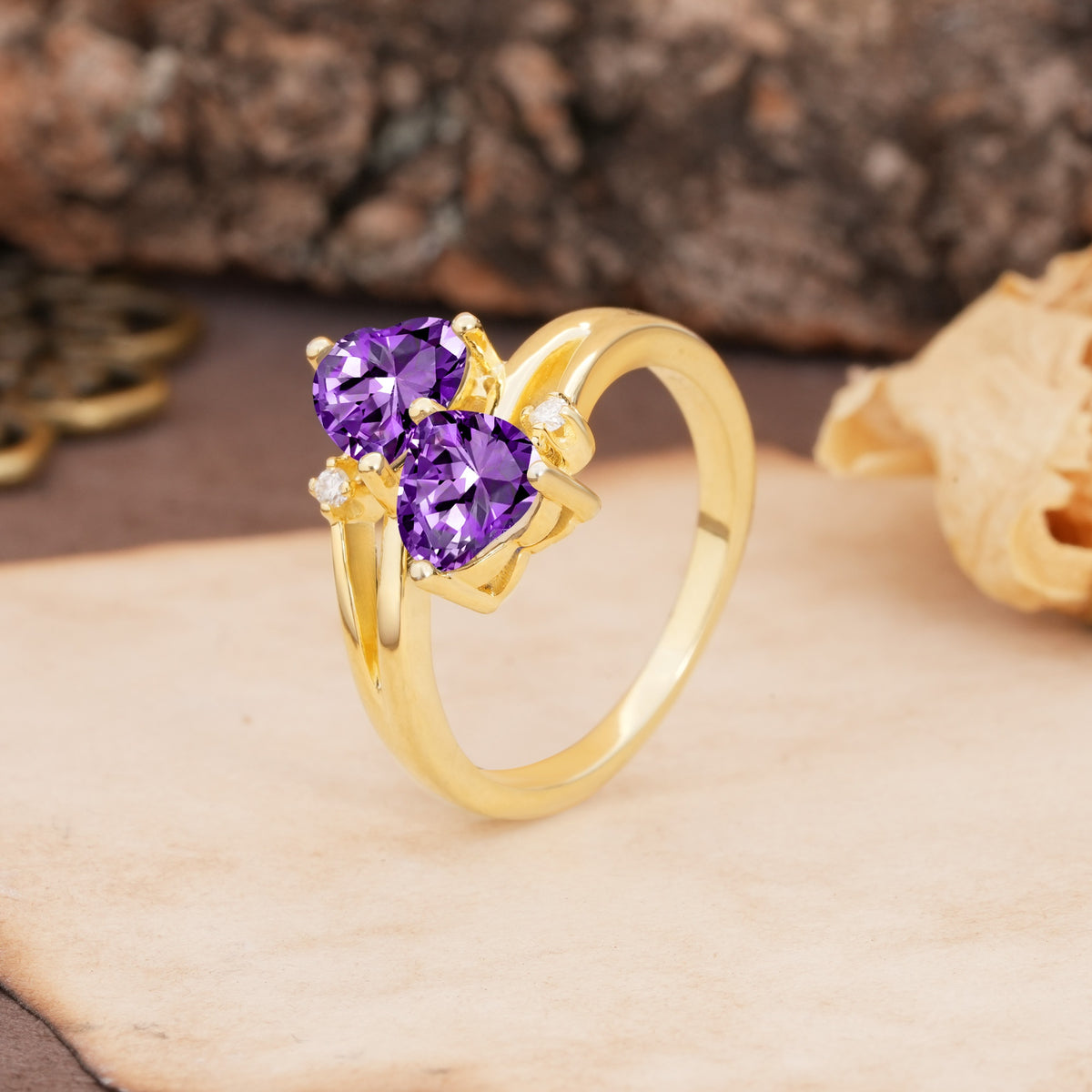 Classic Twisted 3-Prong Double Heart Cut Amethyst Engagement Ring - Additional view
