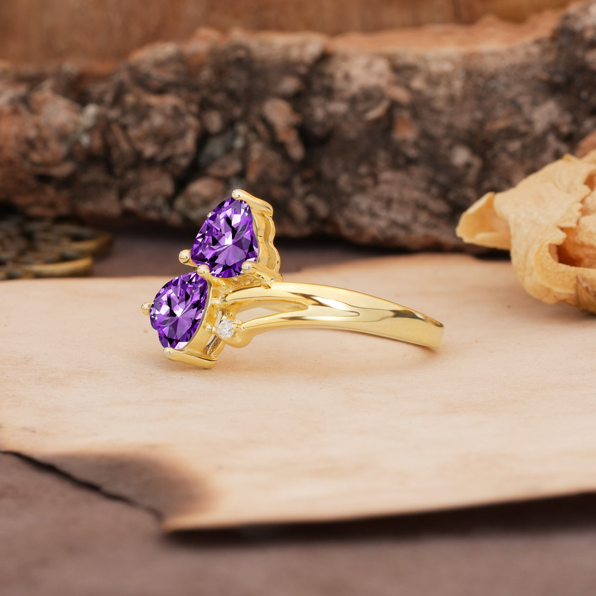 Classic Twisted 3-Prong Double Heart Cut Amethyst Engagement Ring - Additional view
