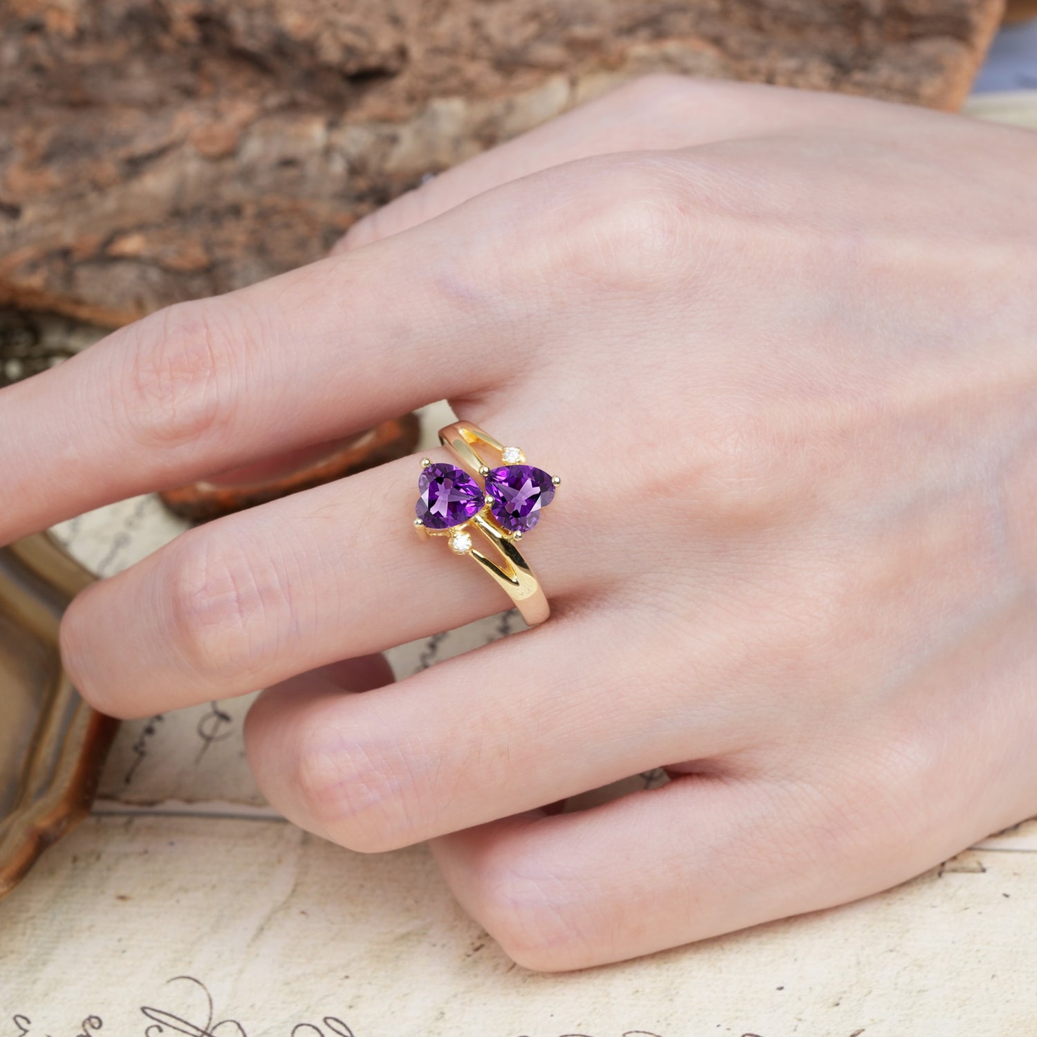 Classic Twisted 3-Prong Double Heart Cut Amethyst Engagement Ring - Additional view